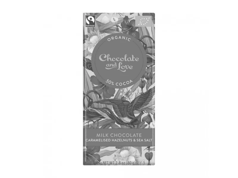 Chocolate & Love Mléčná čokoláda s karamelizovanými lískovými ořechy a mořskou solí 50% 80 g BIO
