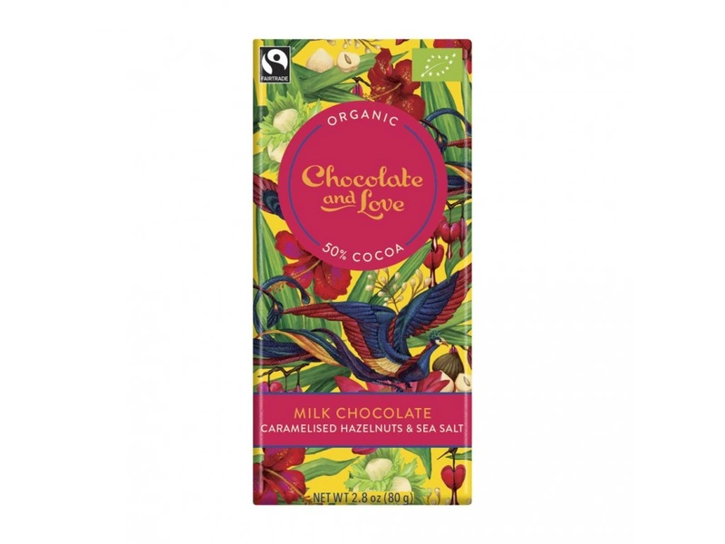 Chocolate & Love Mléčná čokoláda s karamelizovanými lískovými ořechy a mořskou solí 50% 80 g BIO